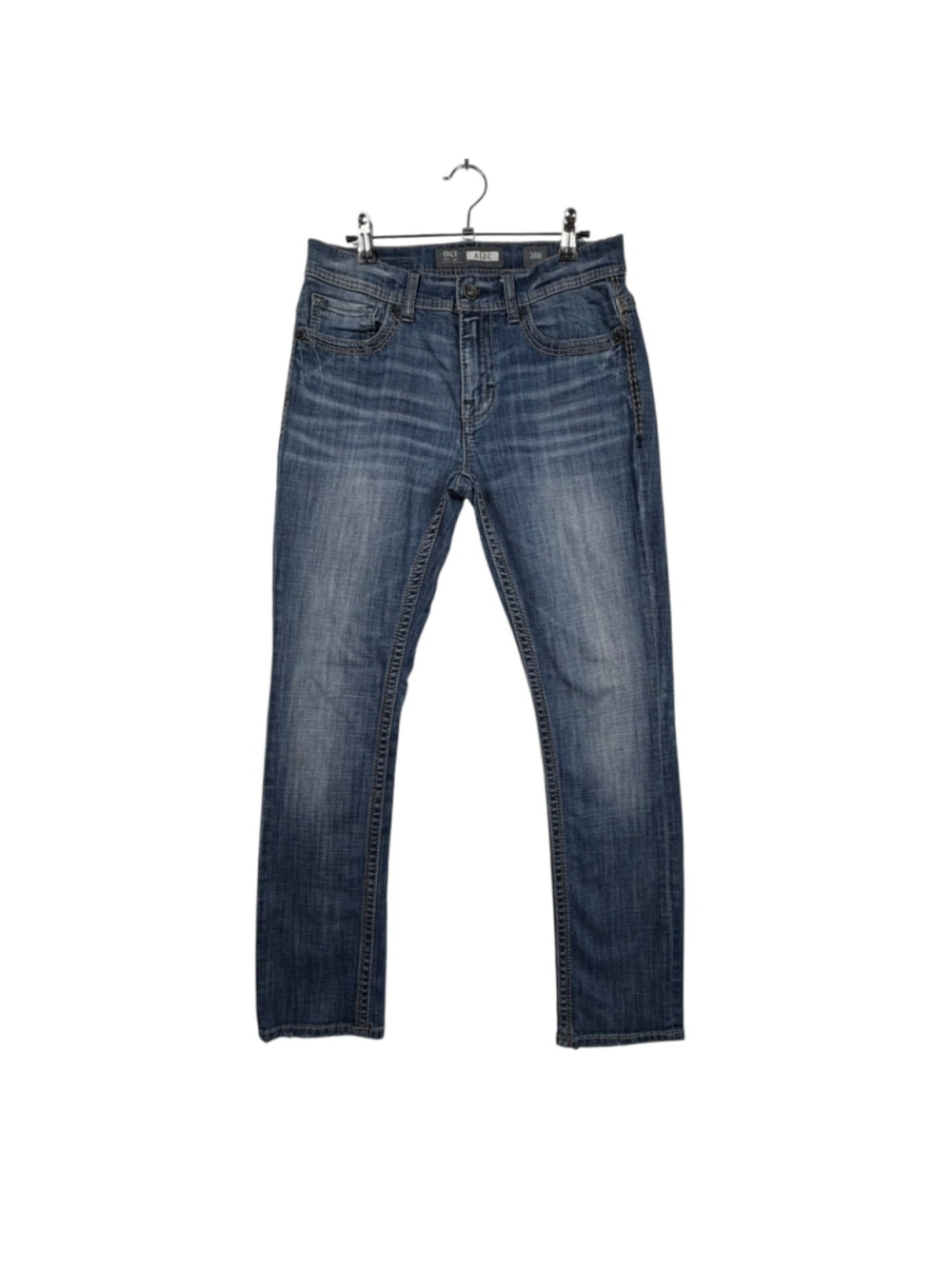 BKE Denim Alec Straight Stretch Jeans Blue Cotton Whiskering Slim Fit Mens 31R